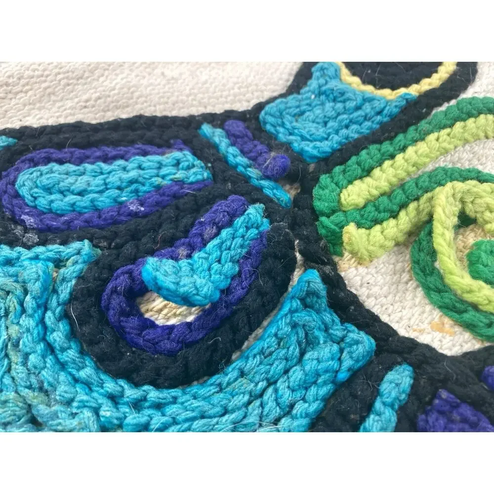 Vintage Yarn Painting Pillow Cover Folk Art Bird Embroidery Crewel Boho Ethnic